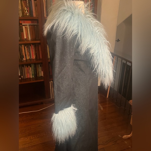 Vintage Faux Fake Fur Blue Denim Long Duster Coat 90s Y2K - Picture 10 of 13